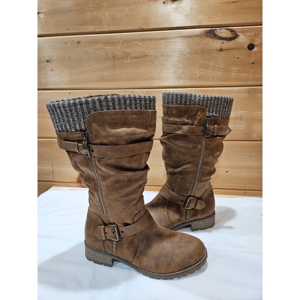 Xappeal Chelsey Women's Brown Mid Calf Boots Sweater Cuff Buckle Size‎ 10
